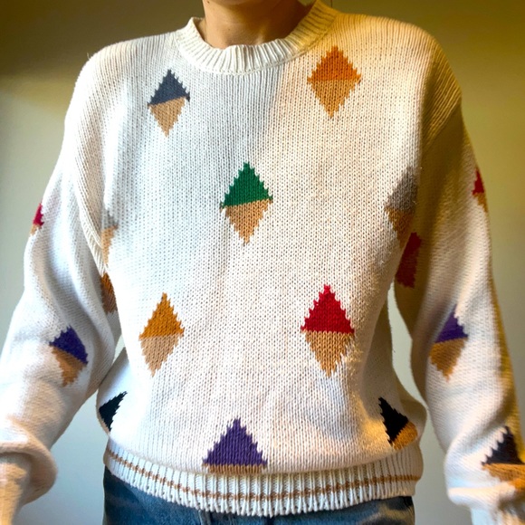 VTG 80s Geometric Colorblock Knit Sweater - Picture 2 of 6